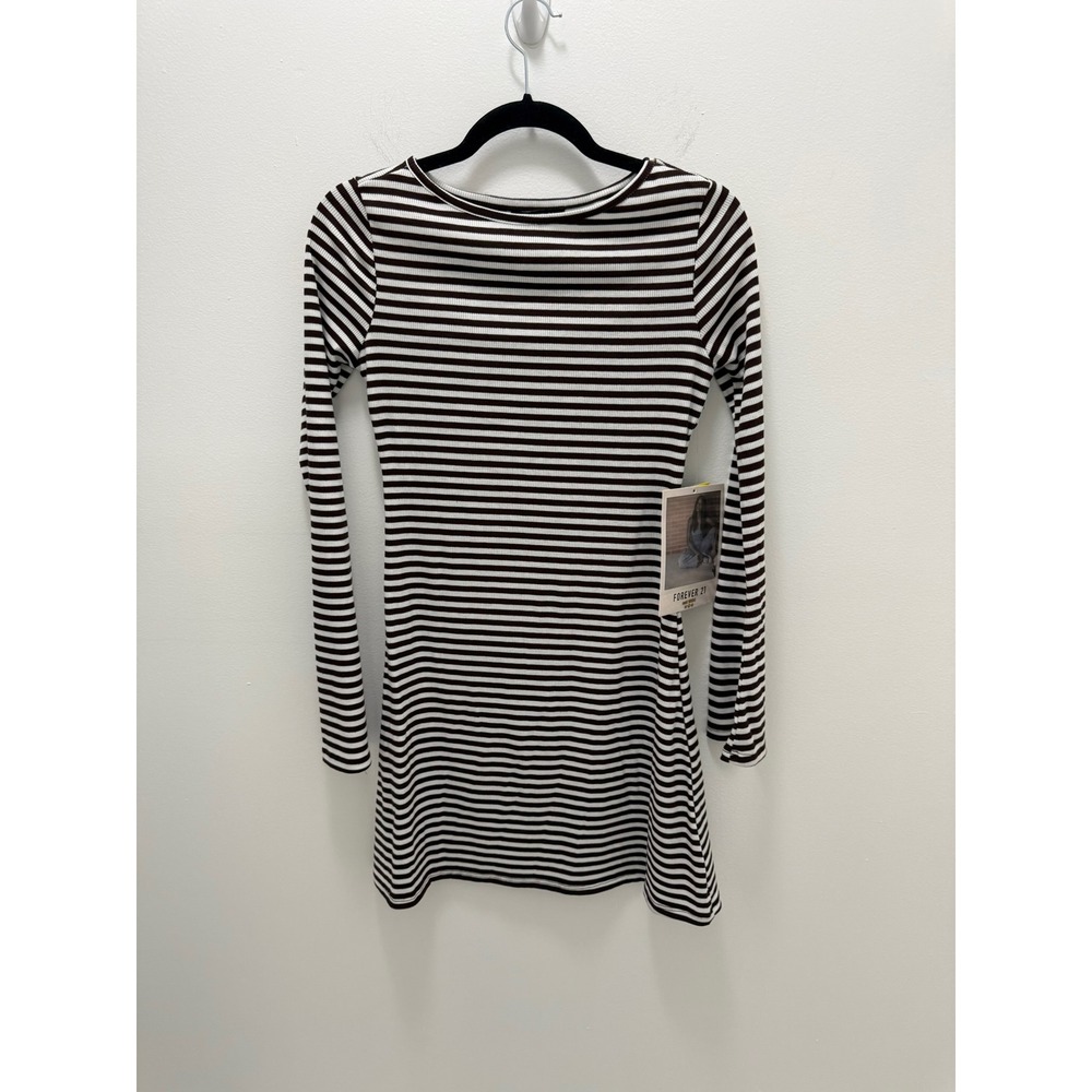 Forever 21 Brown White Striped Ribbed Long Sleeve Mini Dress Medium
